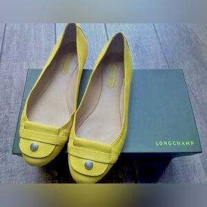 Longchamp Le Pliage Cuir Ballerina Flats Size 6, Yellow Leather Designer Shoes
